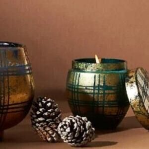 Anthropologie Winter Plaid Glass Candle Small NEW
